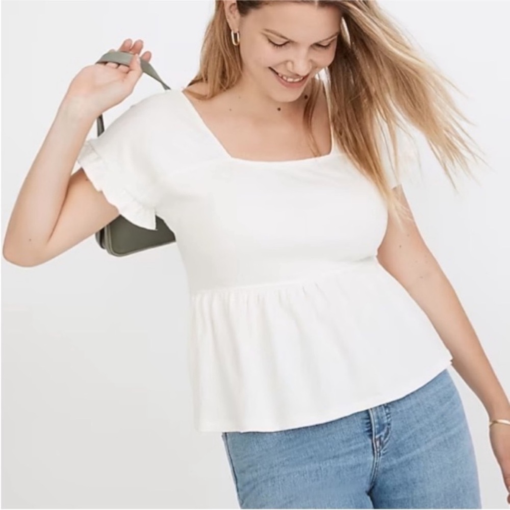 Madewell Knit Lightspun Ruffle-Hem Cream Top Sz L